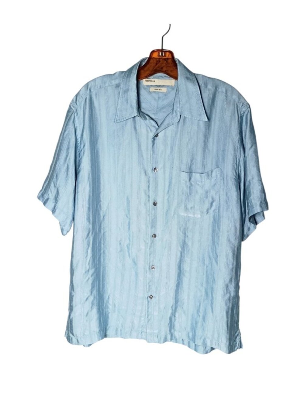 Perry Ellis Men's Button Up 100% Silk Camp Shirt L Blue Miami Style Lightweight